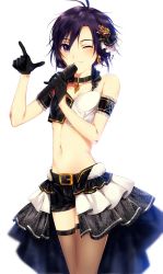Rule 34 | 1girl, ;), absurdres, antenna hair, arm strap, bad id, bad pixiv id, black gloves, black hair, black shorts, blue eyes, blush, breasts, brown thighhighs, cleavage, collar, collarbone, cowboy shot, crop top, earrings, gloves, grin, hachiware, hair between eyes, hair ornament, highres, holding, holding microphone, idol, idolmaster, idolmaster (classic), index finger raised, jewelry, kikuchi makoto, microphone, midriff, navel, necklace, one eye closed, overskirt, short hair, short shorts, shorts, small breasts, smile, solo, standing, stomach, thighhighs, zettai ryouiki