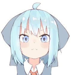 Rule 34 | 1girl, ahoge, blue bow, blue dress, blue eyes, blue hair, blush, bow, cirno, commentary request, dress, hair bow, kae karee, looking at viewer, portrait, red neckwear, shirt, short hair, simple background, solo, touhou, white background, white shirt