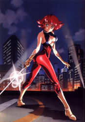 Rule 34 | arms at sides, ass, blue eyes, bodysuit, boots, breasts, choker, cleavage, cutie honey, cutie honey (character), gloves, highres, kawarajima kou, large breasts, looking at viewer, medium breasts, nipples through clothes, official art, red hair, shiny clothes, short hair, sword, tomboy, weapon