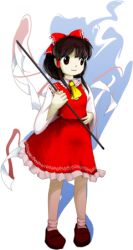 Rule 34 | 1girl, bow, brown eyes, brown hair, double dealing character, dress, full body, gohei, hakurei reimu, lowres, necktie, official art, pale skin, red dress, simple background, smile, solo, touhou, transparent background, white background, zun (artist)
