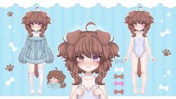 Rule 34 | 1girl, :3, ahoge, alternate costume, animal ears, artist request, barefoot, blue sweater, brown hair, cartoon bone, casual one-piece swimsuit, chibi, chibi inset, choker, covered navel, dog ears, dog girl, dog tail, emi (vtuber), feet, full body, groin, highres, indie virtual youtuber, legs, loose thighhigh, no pants, no shoes, one-piece swimsuit, short hair, sleeves past wrists, smile, sweater, swimsuit, tail, thighhighs, thighs, toes, two side up, virtual youtuber, white one-piece swimsuit, white thighhighs