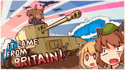Rule 34 | 3girls, ?, aircraft, airplane, animal ears, blonde hair, bomber, borisx, brown hair, cat ears, chen, english text, hat, highres, military, military vehicle, mob cap, motor vehicle, multiple girls, open mouth, original, short hair, silhouette, tank, touhou, union jack, vehicle, vehicle focus