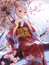 Rule 34 | 1girl, branch, cherry blossoms, closed mouth, commentary request, dango remi, flower, hair flower, hair ornament, hair rings, hairclip, happy new year, highres, holding, holding paper, holding umbrella, japanese clothes, kimono, long hair, looking at viewer, mixed-language commentary, nengajou, new year, obi, oil-paper umbrella, original, paper, petals, print legwear, purple eyes, red kimono, sash, sidelocks, sitting, smile, solo, star (symbol), star hair ornament, umbrella, white hair, wide sleeves