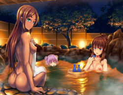 Rule 34 | 10s, 3girls, ^^^, ahagon umiko, air bubble, arm at side, ass, bathing, blunt bangs, blush, breasts, brown hair, bubble, bucket, choko (cup), collarbone, covering privates, cup, dark-skinned female, dark skin, double bun, eyebrows, floating, floating object, from behind, green eyes, hair bun, holding, holding cup, jug (bottle), long hair, looking back, medium breasts, mole, mole on breast, multiple girls, new game!, night, night sky, nipples, nude, nude cover, onsen, outdoors, parted bangs, partially submerged, pink hair, plant, rock, shigatsu itsuka, short hair, sidelocks, sitting, sky, soaking feet, star (sky), steam, suzukaze aoba, takimoto hifumi, thick eyebrows, tokkuri, towel, tree, very long hair, water, wooden bucket