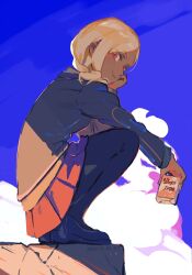 Rule 34 | 1girl, black footwear, black pantyhose, blonde hair, blue background, blue sky, braid, braided ponytail, breasts, closed mouth, cloud, cloudy sky, dated, eyelashes, full body, gravity daze, grey jacket, hair over shoulder, hand up, head rest, highres, holding, jacket, juice box, kitten (gravity daze), loafers, long sleeves, looking at viewer, miniskirt, mossan351, official alternate costume, pantyhose, parted bangs, pleated skirt, red eyes, red skirt, school uniform, shadow, shoes, sidelocks, skirt, sky, small breasts, smile, solo, squatting