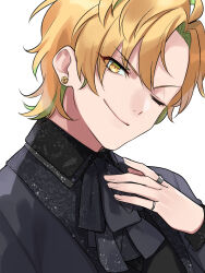 Rule 34 | 1boy, blonde hair, collared shirt, earrings, flower earrings, hand on own chest, highres, hypnosis mic, izanami hifumi, jacket, jewelry, kishinaito, long sleeves, looking at viewer, male focus, multiple rings, neck ribbon, one eye closed, parted bangs, print shirt, ribbon, ring, shirt, short hair, smile, solo, upper body, v-shaped eyebrows, yellow eyes