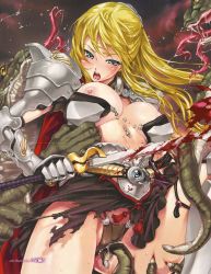 Rule 34 | armor, blonde hair, blood, cuts, happoubi jin, highres, imminent rape, injury, interspecies, monster, nipples, rape, sword, tentacles, torn clothes, weapon, you gonna get raped