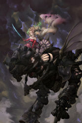Rule 34 | 1girl, absurdres, bare shoulders, blonde hair, blue eyes, cape, cloud, cloudy sky, dark clouds, detached sleeves, edward tsang, final fantasy, final fantasy vi, floral print, glowing, glowing hair, green hair, highres, magitek armor, md5 mismatch, mecha, multicolored hair, parted lips, resolution mismatch, riding, robot, sash, sky, solo, source larger, square enix, sword, tina branford, weapon