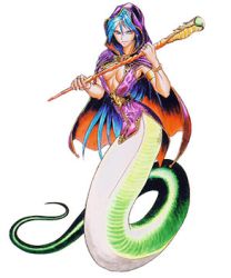 Rule 34 | 1girl, blue hair, breasts, breath of fire, cleavage, deis, hood, lamia, large breasts, lowres, monster girl, scales, solo