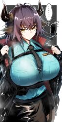 Rule 34 | ..., 1girl, 1other, animal ears, aqua shirt, arknights, black necktie, black skirt, border, breast pocket, breasts, brown hair, chest harness, closed mouth, cow ears, cow horns, doctor (arknights), flying sweatdrops, frown, gin moku, harness, highres, horns, huge breasts, jacket, looking at viewer, necktie, open clothes, open jacket, outside border, pocket, shirt, short hair, sideroca (arknights), simple background, skirt, solo focus, speech bubble, spoken ellipsis, sweatdrop, tsurime, upper body, v-shaped eyebrows, white border, yellow eyes