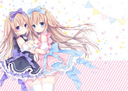 Rule 34 | 2girls, bare shoulders, black dress, blue bow, blue eyes, blush, bow, breasts, closed mouth, commentary request, cowboy shot, detached puffy sleeves, detached sleeves, dress, frilled dress, frilled skirt, frills, from side, hair between eyes, hair bow, hair ornament, highres, hug, izumi nanase, light brown hair, long hair, looking at viewer, medium breasts, multiple girls, open mouth, original, pink dress, purple bow, purple eyes, skirt, sleeveless, sleeveless dress, smile, standing, thighhighs, very long hair, white legwear, wrist cuffs