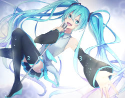 Rule 34 | 1girl, :d, absurdres, aqua eyes, aqua hair, aqua necktie, armpits, bare shoulders, black footwear, black skirt, boots, collared shirt, commentary request, dated, detached sleeves, grey shirt, hair between eyes, hair ornament, hatsune miku, highres, holding, holding microphone, light particles, long hair, long sleeves, looking at viewer, microphone, microphone stand, miniskirt, necktie, open mouth, pleated skirt, sanpaku, shigure tsuki, shirt, sidelocks, skirt, smile, solo, teeth, thigh boots, thighhighs, twintails, upper teeth only, very long hair, vocaloid