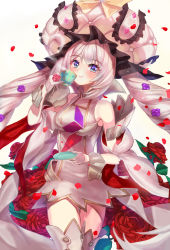 Rule 34 | 1girl, absurdres, blue eyes, blush, boots, breasts, cowboy shot, cup, dress, drill hair, fate/grand order, fate (series), floating hair, flower, gloves, grey dress, grey footwear, hair flower, hair ornament, half gloves, hat, heart steam, highres, holding, holding cup, kuro (ning2763), long hair, looking at viewer, marie antoinette (fate), marie antoinette (third ascension) (fate), medium breasts, petals, pixiv fate/grand order contest 2, purple flower, red flower, red rose, rose, short dress, silver hair, sleeveless, sleeveless dress, smile, solo, standing, steam, teacup, thigh boots, thighhighs, twin drills, very long hair, white background, white gloves, white hat
