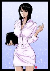 Rule 34 | 1girl, arm up, black border, black hair, blue eyes, blunt bangs, book, border, chris re5, collared shirt, commentary, cowboy shot, gradient background, highres, holding, holding book, light particles, long shirt, looking at viewer, medium hair, nico robin, one piece, purple background, shirt, solo, sparkle, upper body, white background, white nails