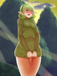 Rule 34 | 1girl, artist request, belt, blue eyes, blush, breasts, cloud, covered erect nipples, female focus, green hair, green shirt, green sweater, hairband, half-closed eye, have to pee, lips, long sleeves, medium breasts, nintendo, one eye closed, open mouth, outdoors, own hands together, pointy ears, ribbed sweater, saliva, saria (zelda), shirt, short hair, sky, sleeveless, sleeveless shirt, solo, standing, sweat, sweater, the legend of zelda, the legend of zelda: ocarina of time, tree