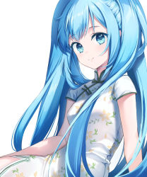 Rule 34 | 1girl, alternate costume, blue eyes, blue hair, blush, breasts, china dress, chinese clothes, closed mouth, colored eyelashes, dress, floral print, hatsune miku, highres, long hair, print dress, short sleeves, side slit, simple background, sitting, small breasts, smile, solo, twintails, very long hair, vocaloid, white background, white dress, zhi (yammycheese)