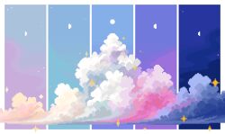Rule 34 | blue sky, cloud, commentary, english commentary, jubilee (8pxl), moon, night, night sky, no humans, original, pink clouds, pixel art, purple sky, scenery, sky, sparkle