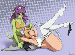 Rule 34 | 2girls, animal ears, animeflux, armpits, arms behind head, bat wings, black panties, blonde hair, blush, borrowed character, breasts, cat ears, cat tail, colored skin, commentary, commission, crop top, cross scar, dragon girl, eyes visible through hair, feet, full body, green eyes, green skin, grey legwear, halftone, halftone background, highres, horns, lap pillow, legs up, long hair, looking at another, lying, medium breasts, mini wings, multiple girls, nalica (animeflux), no shoes, original, panties, panties around leg, pointy ears, poking, poking nose, ponytail, purple hair, sapphicneko (sapphicneko), scar, scar on face, scar on nose, sitting, smile, sweat, tail, tank top, thighhighs, underwear, watermark, web address, white legwear, wings, wristband