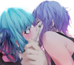 Rule 34 | 2girls, absurdres, alternate costume, armpit crease, barbell piercing, bloom, blue hair, blue ribbon, blunt bangs, blurry, blurry foreground, blush, c.parfait, censored kiss, cigarette, closed eyes, commentary, convenient censoring, ear piercing, eyelashes, facing another, french kiss, hair ribbon, hand grab, highres, holding, holding cigarette, industrial piercing, kiss, kotonoha aoi, looking at another, multiple girls, piercing, pink eyes, portrait, profile, purple hair, raised eyebrows, ribbon, short hair with long locks, sidelocks, spiked ear piercing, surprise kiss, surprised, vocaloid, voiceroid, white background, wide-eyed, yuri, yuzuki yukari