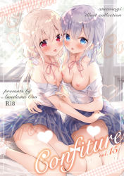 Rule 34 | 2girls, amedamacon, bare shoulders, blue eyes, blue skirt, blush, bow, breasts, collared shirt, commentary request, cover, cover page, dress shirt, hair between eyes, hair bow, highres, light brown hair, long hair, low twintails, medium breasts, multiple girls, nipples, off shoulder, open clothes, open shirt, original, parted lips, pleated skirt, red eyes, shirt, short sleeves, silver hair, skirt, small breasts, smile, tongue, tongue out, twintails, white bow, white shirt, yuri