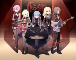 5-string_bass_guitar 5girls amoris_(bang_dream!) ascot ave_mujica_(bang_dream!) bang_dream! bang_dream!_it&#039;s_mygo!!!!! bass_guitar black_ascot black_capelet black_corset black_footwear black_gloves black_hair black_ribbon black_shirt black_skirt black_thighhighs blonde_hair blue_brooch blue_hair boots brown_corset capelet chinese_commentary closed_mouth clothing_cutout commentary_request copyright_name corset curtsey doloris_(bang_dream!) earrings electric_bass_guitar full_body garter_straps gloves green_brooch green_hair group_name guitar hair_ribbon hat highres holding holding_bass_guitar holding_guitar holding_instrument instrument jewelry laoxi_(kei) light_particles long_hair long_sleeves medium_hair misumi_uika mortis_(bang_dream!) multiple_girls oblivionis_(bang_dream!) puffy_short_sleeves puffy_sleeves purple_eyes purple_hair red_capelet red_hat red_shirt red_shorts ribbon see-through_clothes see-through_sleeves shadow shirt short_hair short_sleeves shorts shoulder_cutout sidelocks skirt skirt_hold spotlight stage standing thighhighs timoris_(bang_dream!) togawa_sakiko two_side_up wakaba_mutsumi white_ascot yahata_umiri yellow_eyes yuutenji_nyamu