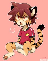 Rule 34 | 1boy, animal ears, animal hands, artist name, barefoot, blush stickers, breath, bush, dated, fang, full body, furry, furry male, grey shorts, hatomura miri, highres, male focus, naruko shoukichi, open mouth, outline, pawpads, pink background, red eyes, red hair, red shirt, shirt, short hair, short shorts, short sleeves, shorts, signature, simple background, sitting, solo, tail, tiger ears, tiger tail, white outline, yowamushi pedal