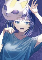 Rule 34 | 1girl, artist request, blue eyes, blue shirt, blunt bangs, cat mask, collarbone, commentary, looking at viewer, mask, open mouth, paw pose, phony (cevio), purple hair, rabbit pose, shirt, short hair, short sleeves, solo, t-shirt, upper body