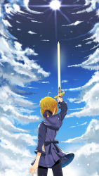 Rule 34 | 1girl, ahoge, arm up, artoria pendragon (fate), blonde hair, blue sky, caliburn (fate), cloud, fate/stay night, fate (series), hair ribbon, holding, holding sword, holding weapon, pantyhose, qi mystic, ribbon, saber (fate), sky, solo, sun, sword, weapon