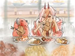 Rule 34 | 1boy, 1girl, :3, chainsaw, chainsaw man, chopsticks, collared shirt, crab, dog, eating, eyebrows, eyelashes, closed eyes, food, hair between eyes, highres, horns, iing naoe, jacket, long hair, long sleeves, necktie, pink hair, plate, pochita (chainsaw man), power (chainsaw man), red eyes, red jacket, shirt, sitting, sleeves past elbows, steam, table, unusual pupils, white shirt
