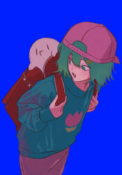 Rule 34 | 1girl, amano yae, backpack, backwards hat, bag, baseball cap, blue background, blue sweater, commentary request, cowboy shot, creature, dosukoi! (napoli no otokotachi), floral print, flower, green eyes, green hair, hair ornament, hairclip, hat, in bag, in container, leaning forward, long sleeves, looking at creature, looking back, medium hair, napoli no otokotachi, open mouth, pink flower, pink skirt, print sweater, randoseru, simple background, skirt, solo, sweater, yoshino (540desu)