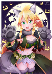 Rule 34 | 1girl, :d, animal ears, black capelet, blonde hair, border, bow, braid, breasts, capelet, cleavage, commentary request, fang, full moon, green bow, green eyes, hair between eyes, halloween, highres, ken-ji, large breasts, leafa, long hair, looking at viewer, moon, navel, open mouth, orange bow, pointy ears, ponytail, red capelet, smile, solo, standing, stomach, striped, striped bow, sword art online, tail, thighhighs, twin braids, two-sided capelet, white border, wolf ears, wolf paws, wolf tail