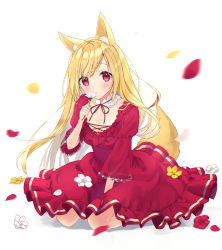 Rule 34 | 1girl, :o, animal ears, between legs, blonde hair, blush, commentary request, dress, flower, fox ears, fox girl, fox tail, full body, hand between legs, hand up, holding, holding flower, juliet sleeves, long hair, long sleeves, looking at viewer, original, parted lips, petals, puffy sleeves, red dress, red eyes, red flower, rimo, shadow, sitting, solo, swept bangs, tail, very long hair, wariza, white background, white flower, wide sleeves, yellow flower