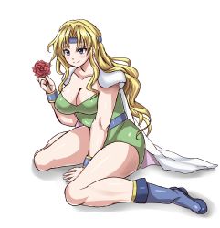 Rule 34 | 1990s (style), 1girl, belt, blonde hair, blue eyes, boots, breasts, cape, celes chere, cleavage, final fantasy, final fantasy vi, flower, headband, highres, kneeling, leotard, long hair, rose, sitting, solo, wrist cuffs