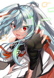 Rule 34 | 1girl, absurdres, blush, cape, counter:side, elze (s01047480836), fading, fingerless gloves, fingernails, furrowed brow, glitch, gloves, grey hair, hair between eyes, hair ornament, hand up, highres, hologram, honeycomb (pattern), index finger raised, korean commentary, long fingernails, long hair, looking at viewer, multicolored hair, open mouth, orange hair, ponytail, red eyes, ribbon cable, sigma (counter:side), single bare shoulder, solo, streaked hair, tearing up, tears, upper body, white background