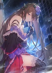 Rule 34 | 1girl, absurdres, bare shoulders, between breasts, black dress, black thighhighs, blush, box, breasts, brown hair, cleavage, closed mouth, dress, dress flower, flower, from side, full moon, gift, gift box, gloves, granblue fantasy, hair between eyes, hair flower, hair ornament, highres, kakage, large breasts, long hair, looking at viewer, moon, moonlight, night, night sky, purple eyes, purple flower, purple rose, red skirt, rose, rosetta (granblue fantasy), skirt, sky, smile, solo, thighhighs, thighs, very long hair, white flower, white rose