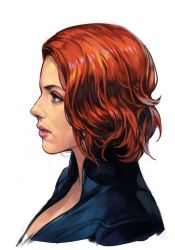 Rule 34 | 1girl, avengers (series), black widow, bodysuit, breasts, closed mouth, hungry clicker, lipstick, makeup, marvel, natasha romanoff, red hair, short hair, simple background, solo, white background