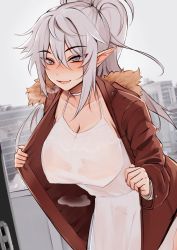 Rule 34 | 1girl, blush, breasts, brown jacket, building, choker, cleavage, collarbone, commentary, cowboy shot, dress, elfboiii, english commentary, fur-trimmed jacket, fur trim, grey eyes, grey sky, groin, highres, jacket, large breasts, leaning forward, long hair, long sleeves, looking at viewer, open clothes, open jacket, original, outdoors, parted lips, pointy ears, ponytail, silver hair, sky, sleeveless, sleeveless dress, smile, solo, spaghetti strap, steaming body, wet, wet clothes, wet dress, white choker, white dress