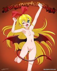 Rule 34 | 1girl, aqua eyes, armpits, arms up, barefoot, blonde hair, blush, breasts, brown background, cleft of venus, clenched hands, dated, demon tail, demon wings, dokidoki! precure, feet, female focus, ginko (silver fox), gradient background, hair ornament, hair ribbon, halloween, happy, inverted nipples, leg up, long hair, navel, nipples, nude, one eye closed, open mouth, precure, pussy, regina (dokidoki! precure), ribbon, small breasts, smile, solo, tail, thighs, toes, uncensored, watermark, web address, wings, wink