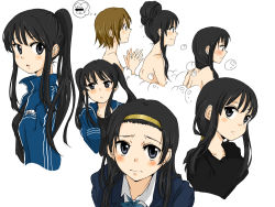 Rule 34 | 3:, 3girls, akiyama mio, alternate hairstyle, bathing, black eyes, black hair, blush, brown eyes, brown hair, hair down, hairband, high ponytail, hime cut, jacket, k-on!, long hair, low ponytail, mickey mouse, multiple girls, nakano azusa, open clothes, open jacket, open mouth, parted lips, ponytail, school uniform, short hair, smile, tainaka ritsu, track jacket, twintails, very long hair