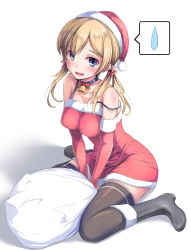 Rule 34 | 10s, 1girl, alternate costume, arm warmers, bad id, bad nicoseiga id, bare shoulders, bell, black footwear, black thighhighs, blonde hair, blue eyes, blush, boots, breasts, choker, cleavage, collar, collarbone, dress, eyes visible through hair, hat, highres, kantai collection, long hair, long sleeves, looking at viewer, maimu (gol-em-1226), medium breasts, neck bell, open mouth, prinz eugen (kancolle), red dress, sack, santa boots, santa hat, sitting, solo, spoken sweatdrop, strap slip, sweatdrop, thighhighs, twintails, wariza