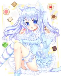 Rule 34 | 1girl, :d, ahoge, animal ear fluff, animal ears, blue bow, blue dress, blue eyes, blue hair, blush, bow, breasts, cat ears, cat girl, cat tail, checkerboard cookie, commentary request, cookie, dress, feet out of frame, food, frilled dress, frills, hair between eyes, hair bow, hair ornament, hairclip, highres, holding, holding food, knees together feet apart, knees up, long hair, long sleeves, looking at viewer, open mouth, original, shikito (yawa0w0), single thighhigh, small breasts, smile, solo, striped clothes, striped thighhighs, tail, thighhighs, thumbprint cookie, two side up, very long hair