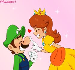 Rule 34 | 1boy, 1girl, brown hair, closed eyes, crown, dress, earrings, face-to-face, facial hair, flower earrings, gloves, grin, hat, heart, height difference, highres, jewelry, looking at another, luigi, mario (series), mustache, nintendo, orange dress, overalls, princess daisy, puffy short sleeves, puffy sleeves, short sleeves, smile, spoken heart, super mario bros. 1, super mario land, tomboy