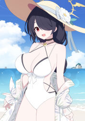 1girl bell_(oppore_coppore) bikini black_bikini blue_archive braid braided_ponytail breasts casual_one-piece_swimsuit clothing_cutout criss-cross_halter cross cross_earrings double_bikini earrings flower hair_over_one_eye halo halterneck hat hat_flower highres hinata_(blue_archive) hinata_(swimsuit)_(blue_archive) jewelry large_breasts layered_swimsuit official_alternate_costume one-piece_swimsuit one_eye_covered side_cutout solo straw_hat sun_hat swimsuit white_one-piece_swimsuit yellow_halo yellow_hat