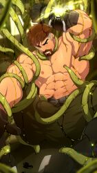 Rule 34 | 1boy, abs, bara, beard, ben 10, ben 10000, black gloves, black pants, bound, bound arms, bound legs, bound wrists, brown hair, bulge, erection, erection under clothes, facial hair, gloves, highres, large pectorals, male focus, mazjojo, muscular, muscular male, navel, nipples, omnitrix, paid reward available, pants, pectorals, short hair, solo, tentacles, tentacles on male, topless male
