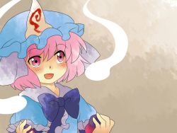 Rule 34 | 1girl, bad id, bad pixiv id, ball, female focus, ghost, gradient background, hammer (sunset beach), hat, japanese clothes, open mouth, pink eyes, pink hair, saigyouji yuyuko, short hair, smile, solo, touhou, triangular headpiece