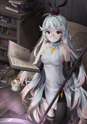 Rule 34 | 1girl, absurdly long hair, absurdres, asymmetrical legwear, black gloves, black pantyhose, blush, book, breasts, candle, closed mouth, eirudy, elbow gloves, glasses, gloves, highres, holding, holding book, holding staff, long hair, looking at viewer, medium breasts, nyamunyamu, open book, pantyhose, red eyes, sideboob, silver hair, single leg pantyhose, solo, staff, thighhighs, uneven legwear, very long hair, witch springs