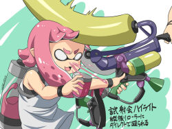 Rule 34 | 1girl, bare arms, bare shoulders, blank eyes, blood, commentary request, dated, green background, hands up, hitting, ink tank (splatoon), inkling, inkling girl, inkling player character, long hair, motion blur, nintendo, nosebleed, open mouth, outstretched arm, paint, pink hair, pointy ears, shirt, short eyebrows, short hair, signature, sleeveless, sleeveless shirt, solo focus, splat roller (splatoon), splatoon (series), splatoon 2, tentacle hair, thick eyebrows, translation request, tsuna (al dente), two-tone background, upper body, white background, white shirt, wristband