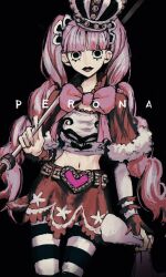 Rule 34 | 1girl, belt, black background, black pantyhose, blunt bangs, bow, bowtie, capelet, character name, cowboy shot, crop top, crown, eyelashes, heart belt, highres, holding, holding umbrella, looking at viewer, one piece, pantyhose, perona, pink bow, pink bowtie, pink hair, runa 3152, skirt, solo, striped clothes, striped pantyhose, thighhighs, twintails, umbrella, white pantyhose