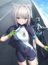 Rule 34 | 1girl, absurdres, animal ear fluff, animal ears, bicycle, bike jersey, bike shorts, biker clothes, bikesuit, blue archive, blue eyes, bodysuit, covered navel, cross hair ornament, cycling uniform, gloves, green gloves, grey hair, hair ornament, halo, highres, hvar127, medium hair, mismatched pupils, shiroko (blue archive), shiroko (cycling) (blue archive), standing, thigh gap, two-tone gloves, wolf ears