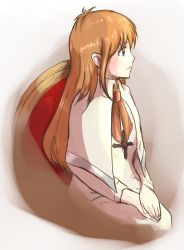 Rule 34 | 1girl, chair, closed mouth, cross, cross necklace, dress, highres, jewelry, long hair, necklace, orange hair, orange ribbon, own hands together, purple eyes, ribbon, simple background, sitting, solo, sophia (xenogears), wakita, white dress, xenogears